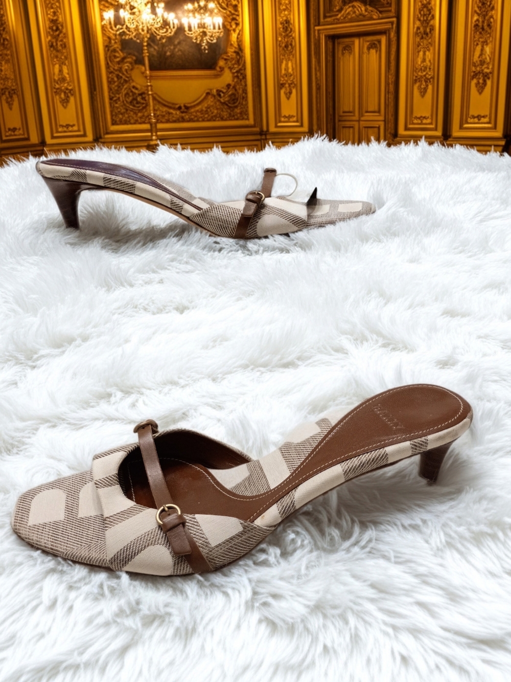 Bally Ranea Talc Mix Brown & Beige Cotton Patterned Kitten Heel Mules 6.5